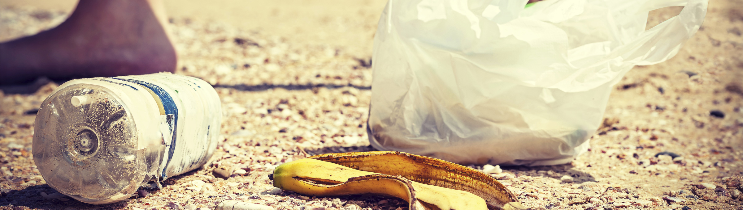 A plastic bottle and banana skin left on the ground outside