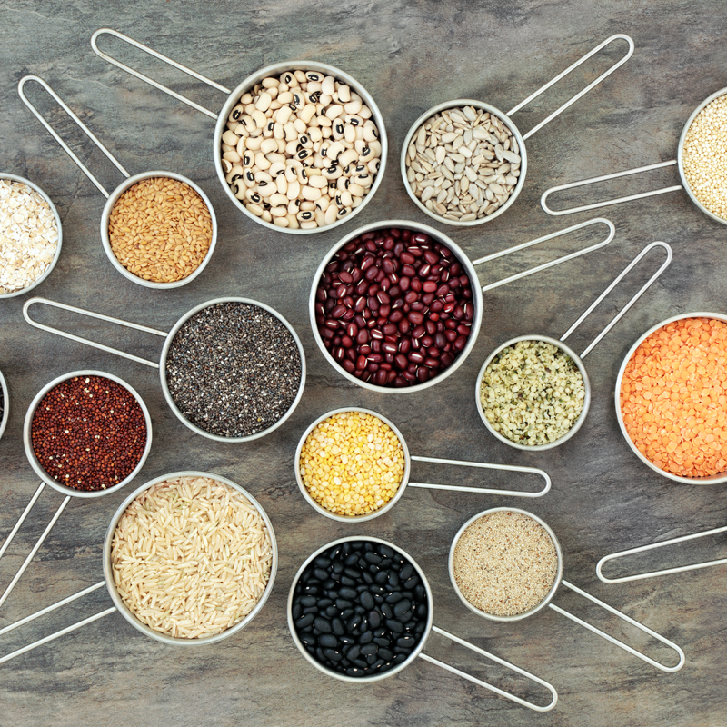 A variety of herbs, spices and sauces all measured in individual containers