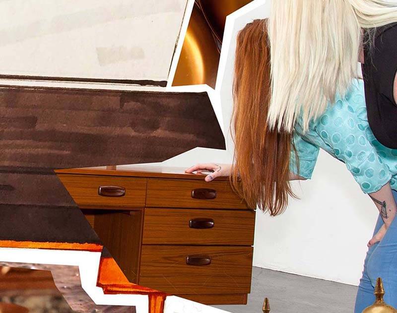 Collage style image of a person painting a 1970s dresser