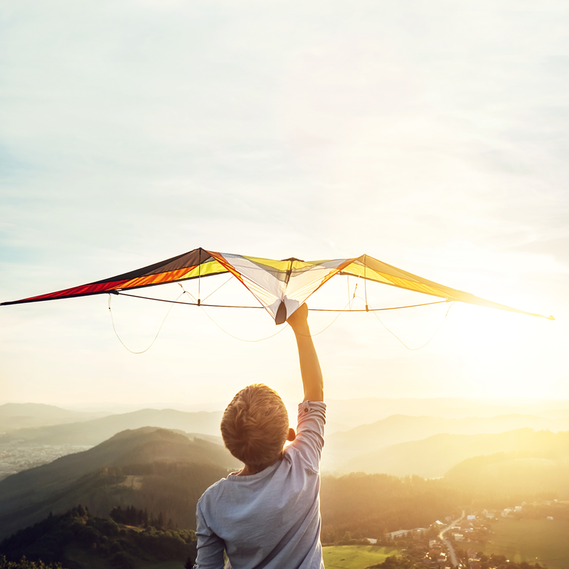 A person at the top of a hill, holding a kite and looking towards the sunset