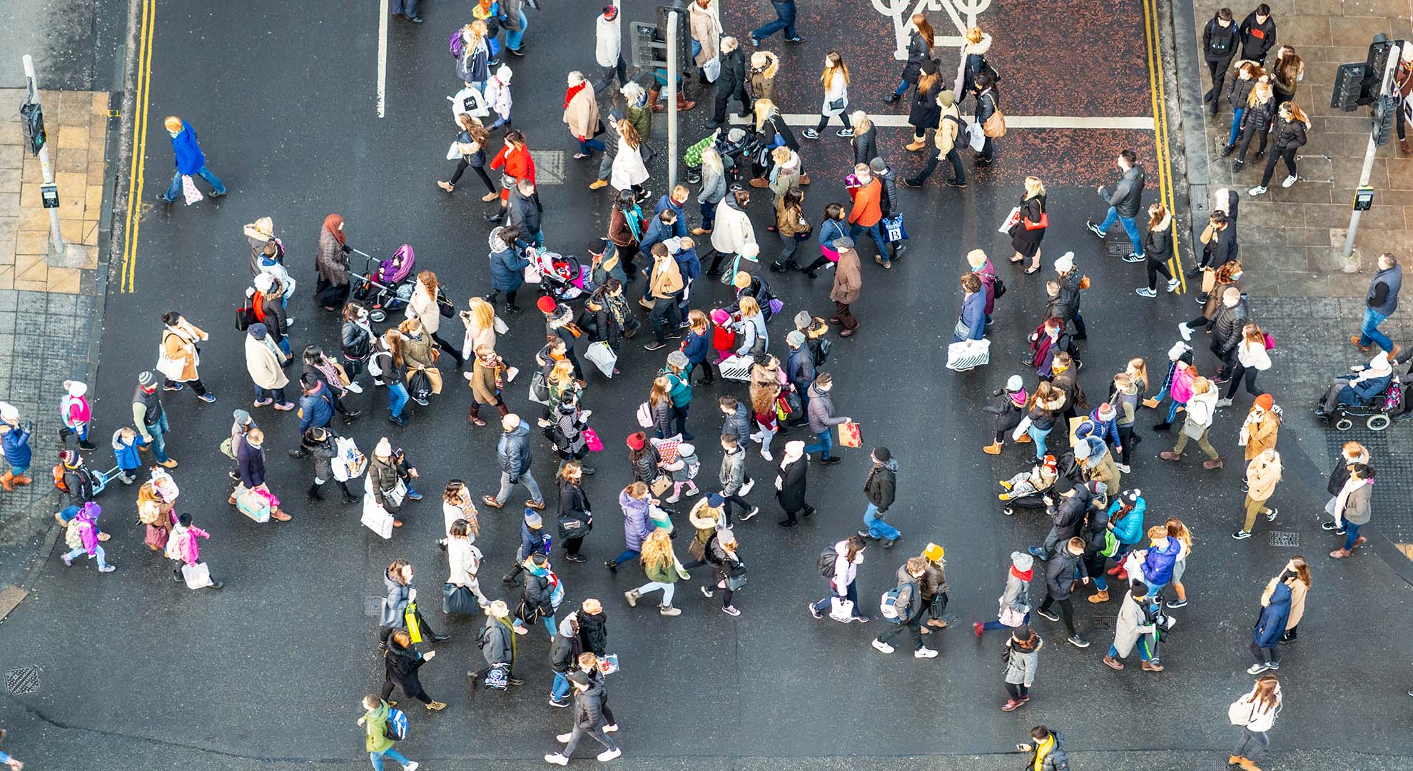 Birds eye view photo of a busy pedestrian crossing